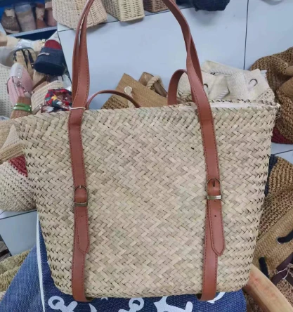 Lang pu håndterer halm chic taske