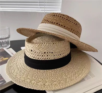 Black Ribbon Straw Beach Dame Hat