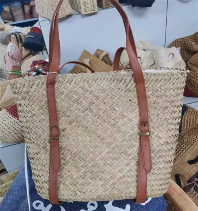 Lang pu håndterer halm chic taske